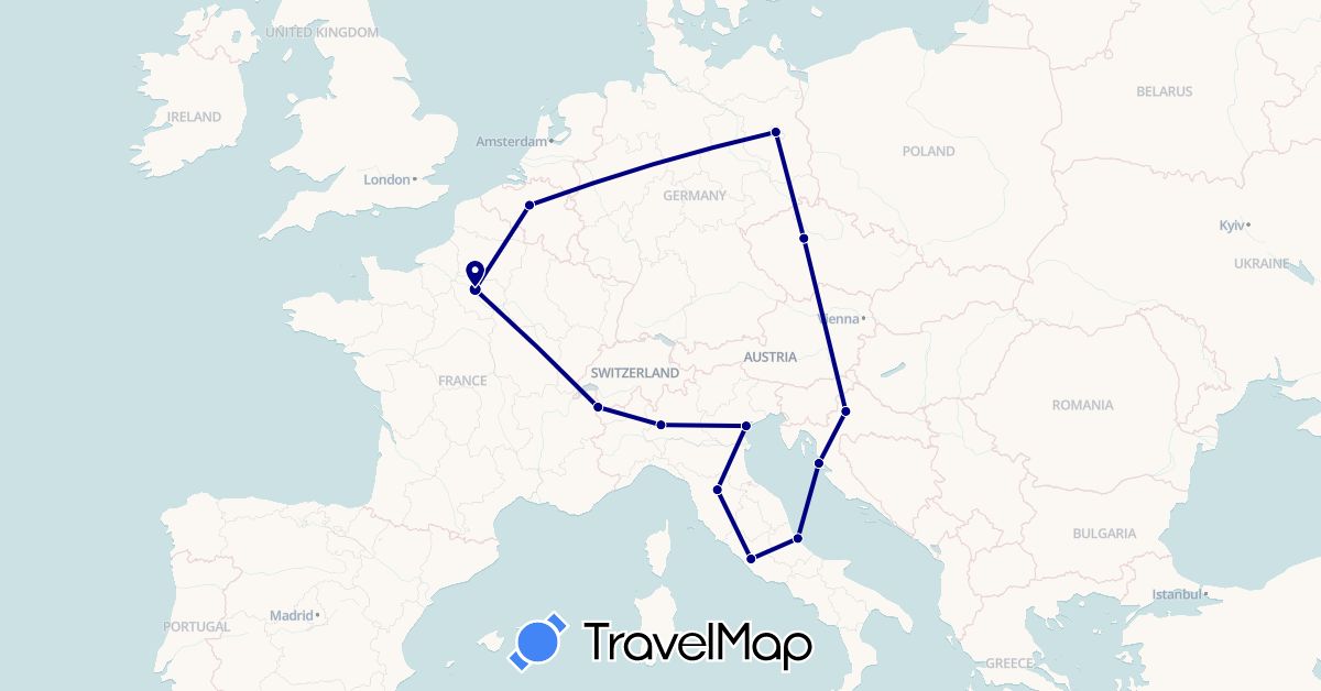TravelMap itinerary: driving in Belgium, Czech Republic, Germany, France, Croatia, Italy (Europe)